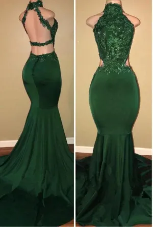 B| Bridelily Lace Sleeveless High Neck Mermaid Prom Dress