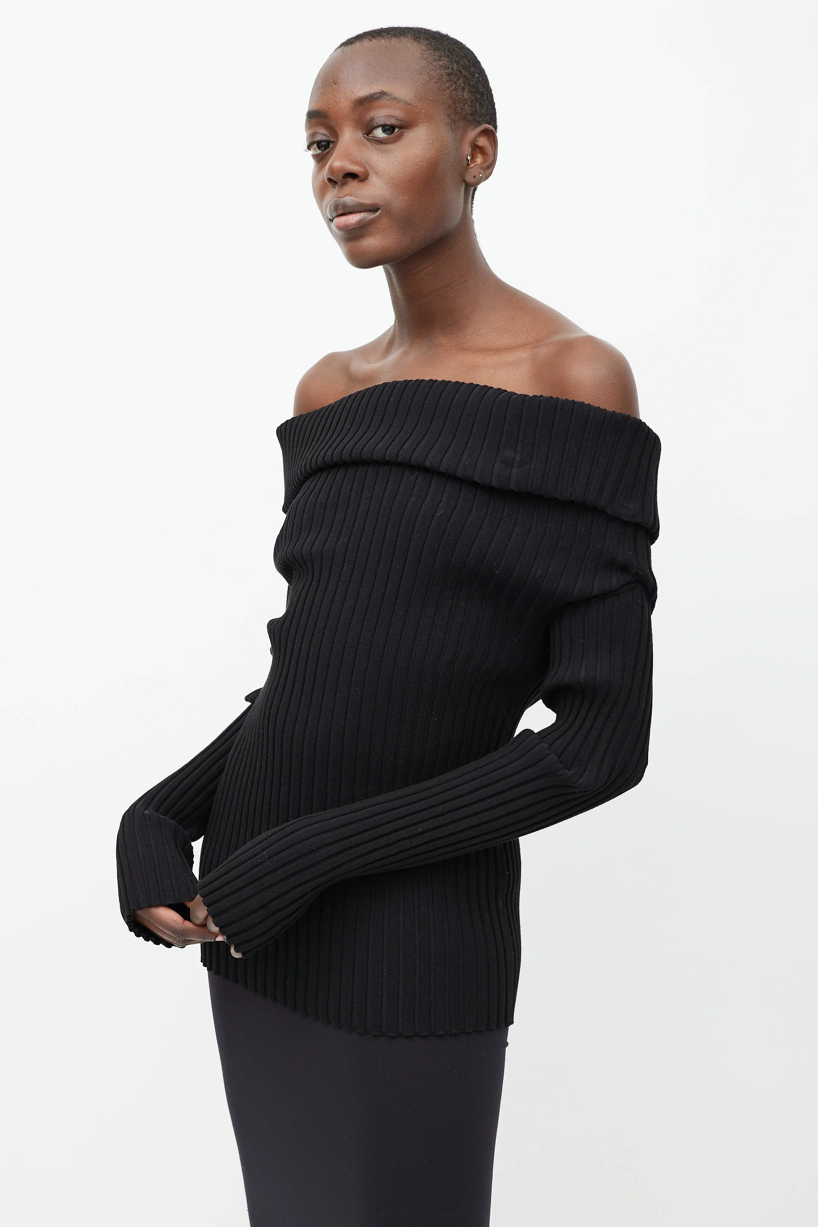 Black Ribbed Off The Shoulder Sweater