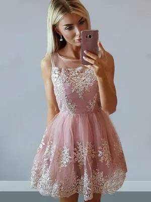 Bridelily A-Line Tulle Sleeveless Scoop With Applique Short/Mini Dresses