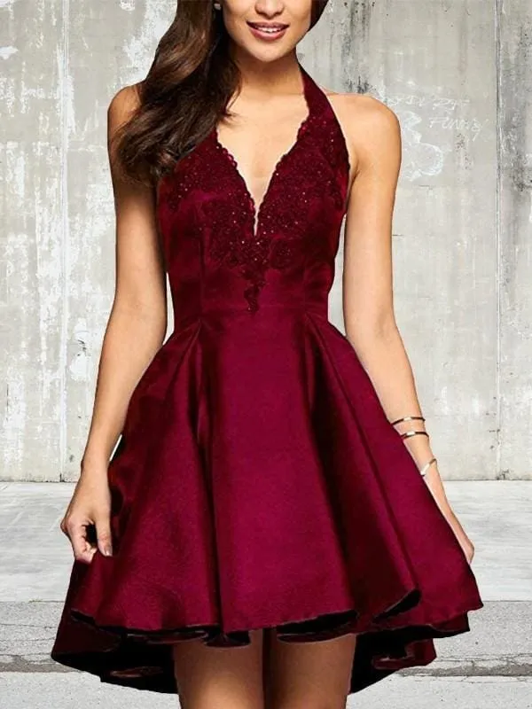 Bridelily A-Line V-neck Sleeveless Short With Lace Satin Dresses