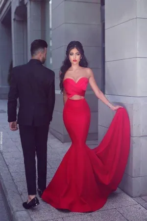 Bridelily Sexy Mermaid Sweetheart Sleeveless Red Long Evening Dresses