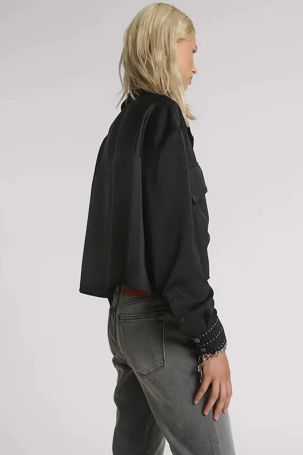 CRUSHED SATIN OVERSIZED POCKET CROPPED SHIRT