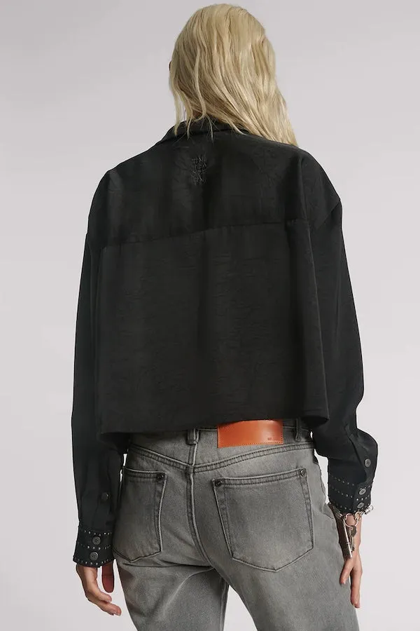 CRUSHED SATIN OVERSIZED POCKET CROPPED SHIRT