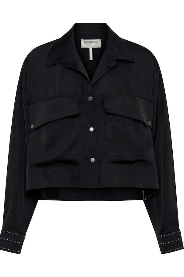 CRUSHED SATIN OVERSIZED POCKET CROPPED SHIRT