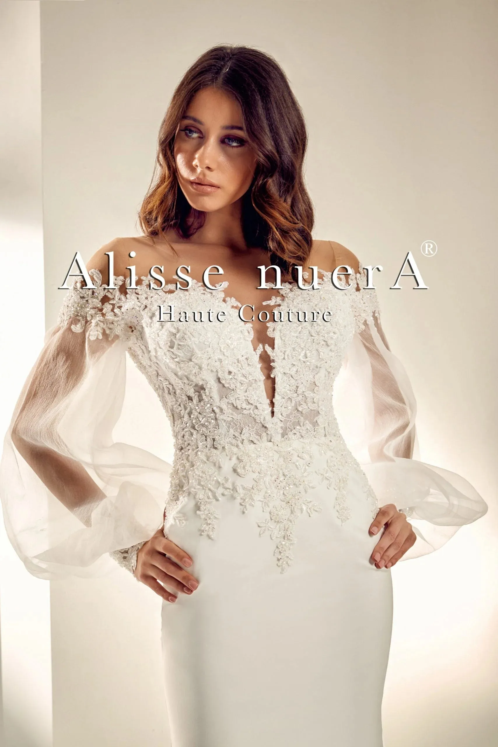 Floral Lace V Neck Wedding Dress with Balloon Sleeve