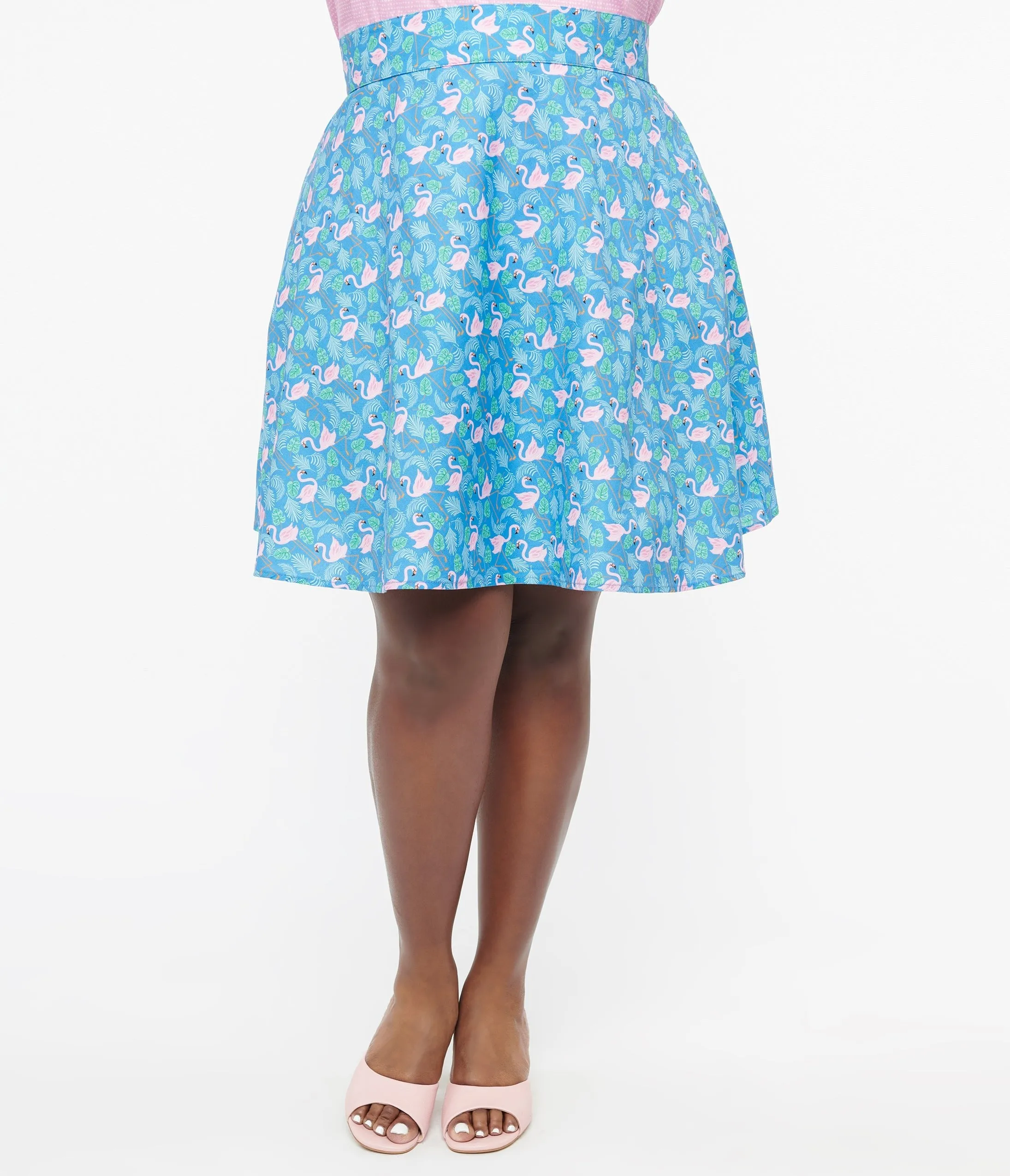Retrolicious Plus Size 1950s Blue & Pink Flamingo Print Cotton Skater Skirt