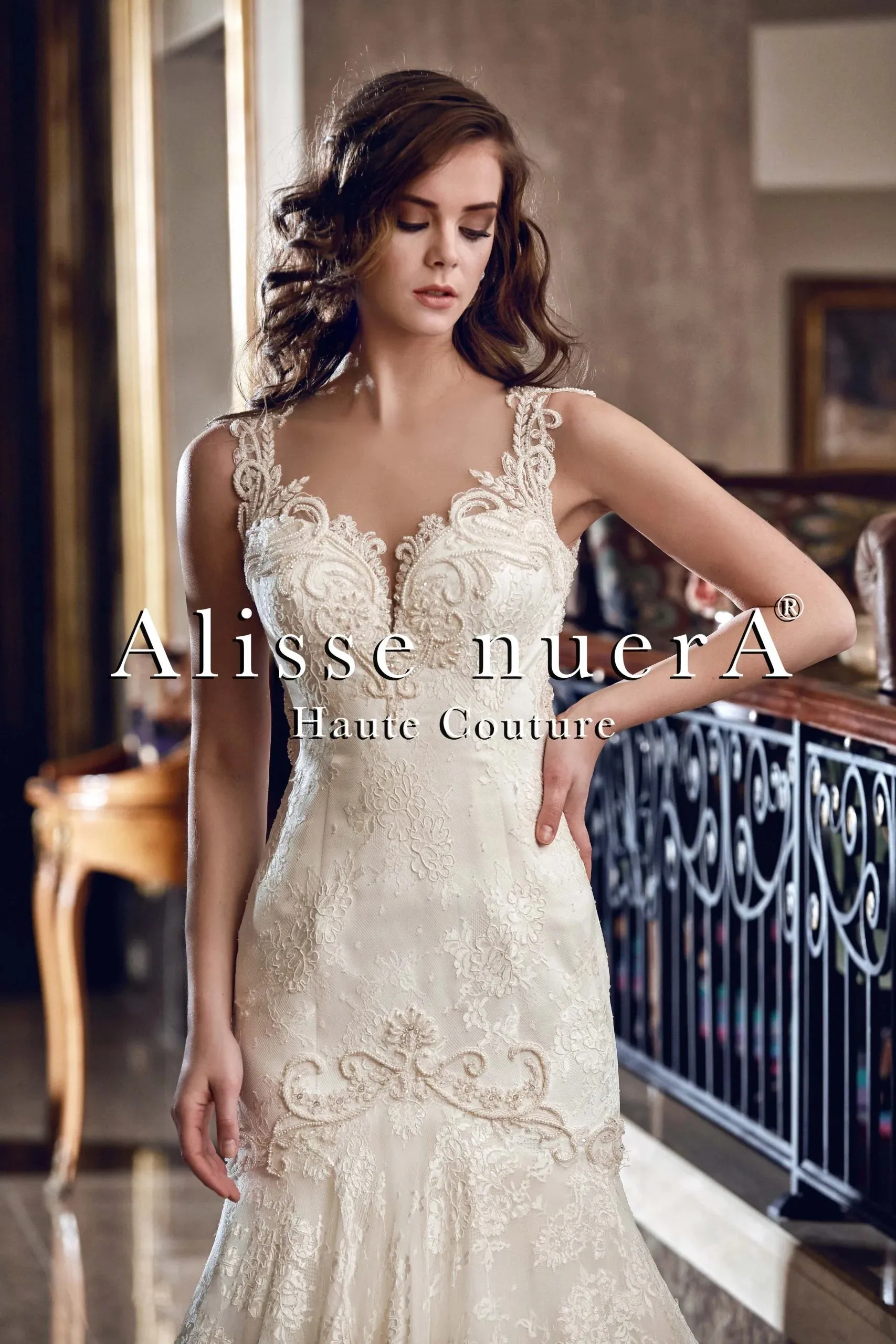 Square Neck Lace Embroidered Fit and Flare Wedding Dress