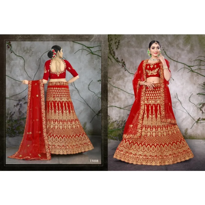 Stylish Velvet Red Embroidered Semi Stitched Lehenga Choli With Dupatta Set