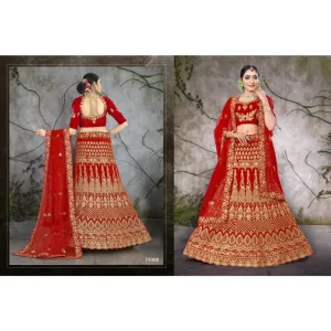 Stylish Velvet Red Embroidered Semi Stitched Lehenga Choli With Dupatta Set