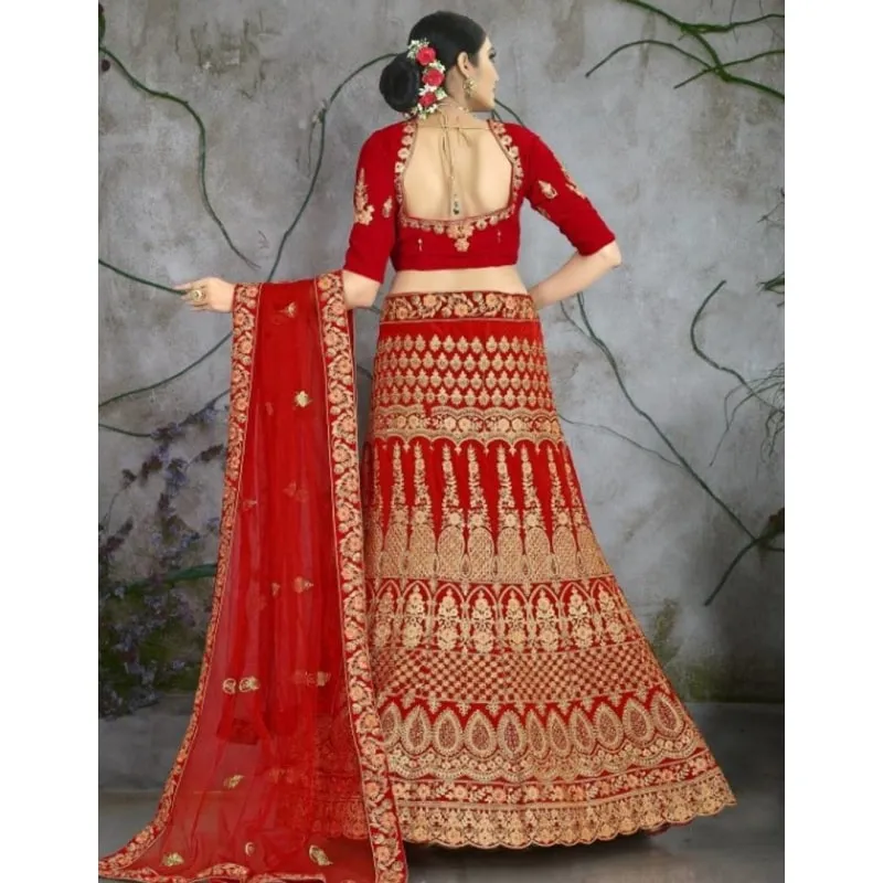 Stylish Velvet Red Embroidered Semi Stitched Lehenga Choli With Dupatta Set