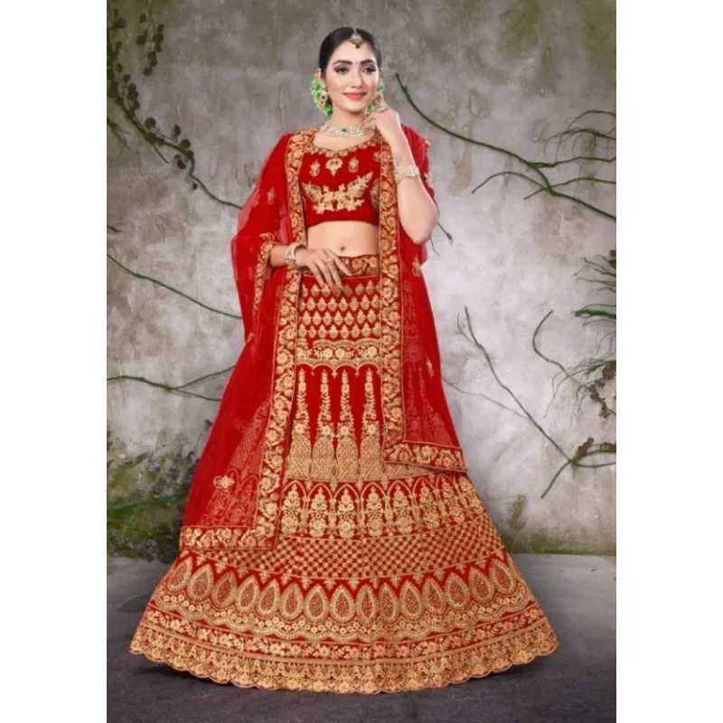 Stylish Velvet Red Embroidered Semi Stitched Lehenga Choli With Dupatta Set